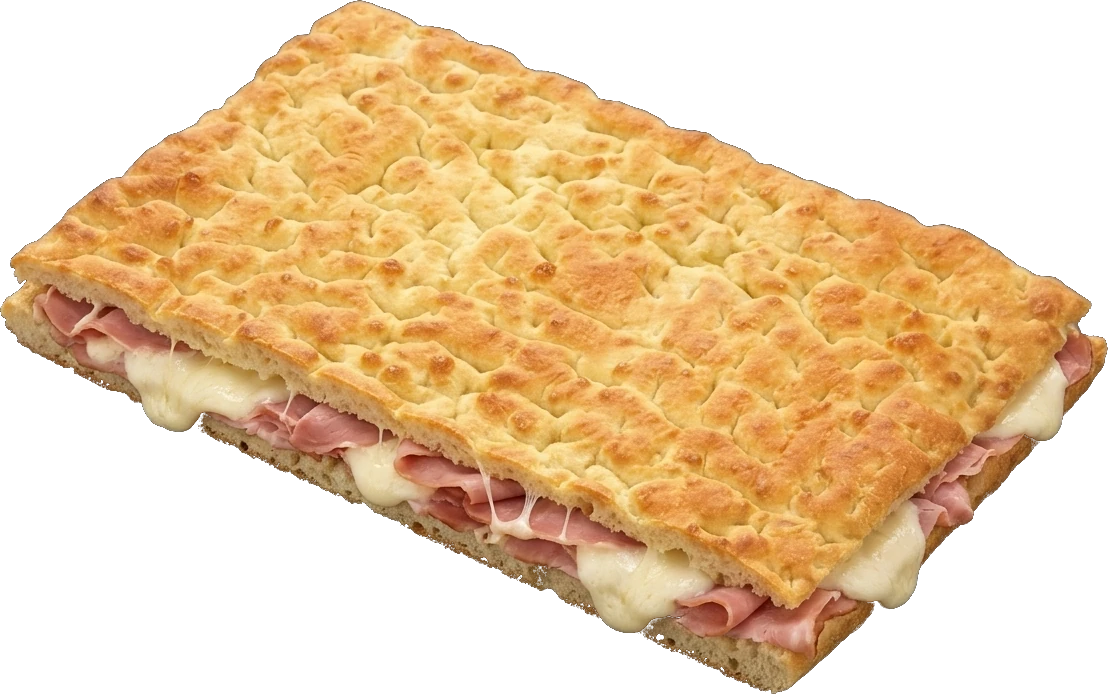 Focaccia ripiena di prosciutto cotto e mozzarella